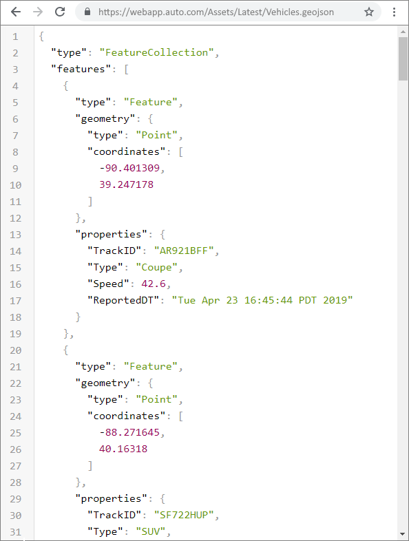 Записи событий, организованные как GeoJSON FeatureCollection Записи событий, организованные как GeoJSON FeatureCollection