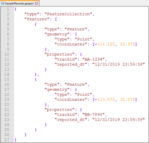 Данные событий, отформатированные как GeoJSON Данные событий, отформатированные как GeoJSON